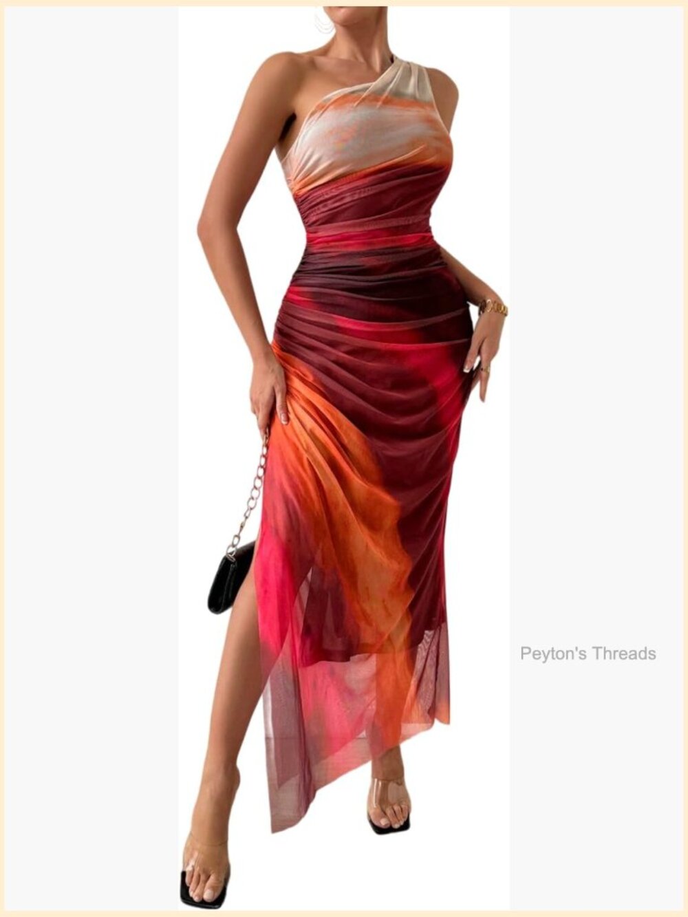 One Shoulder Printed Maxi Dress Tie Dye Mesh Ruched Cocktail Dress